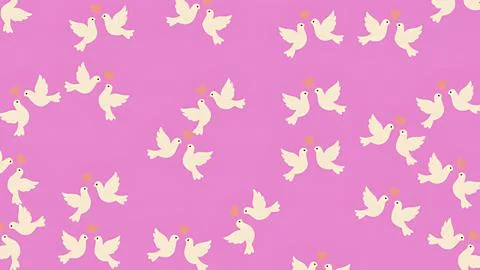 Romantic wedding pattern featuring pairs of white doves and hearts on a vib.. Ilustração Stock