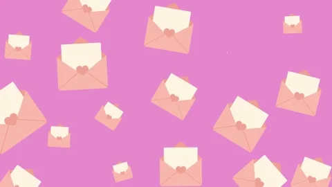 Romantic Wedding Pattern with Flying Love Letters and Heart Envelopes on Pink Stock Footage 345539968