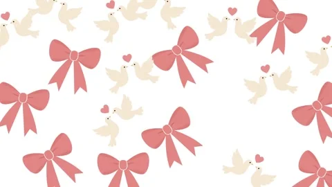 Romantic Wedding Pattern with Pink Bows White Doves and Hearts on White Stock Footage 345539960