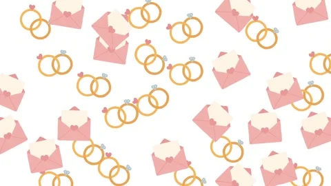 Romantic Wedding Pattern with Pink Envelopes and Golden Rings on White Stock Footage 345539958