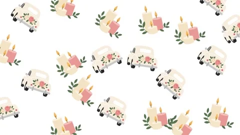 Romantic Wedding Seamless Pattern with Vintage Bridal Car and Lit Candles Stock Footage 345539957