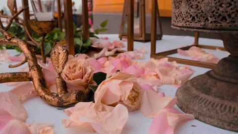 Romantic wedding table setting with roses and petals 库存影片 223964679