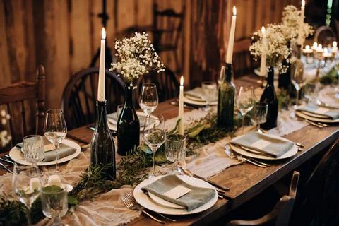 Romantic wedding table setting rustic style with candles. DIY Decorating idea Stock Photos