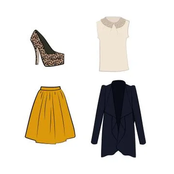 Romantic white blouse, flared midi skirt, cardigan, shoe with leopard print Stock Illustration