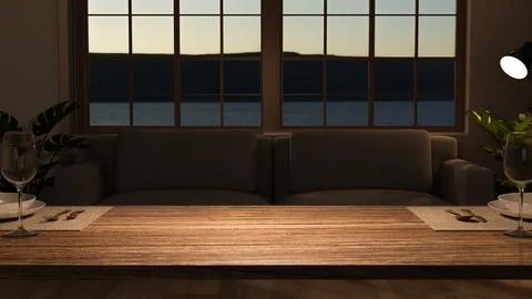 Romantic wooden dining table top with view of sea sunset. Stock Illustration