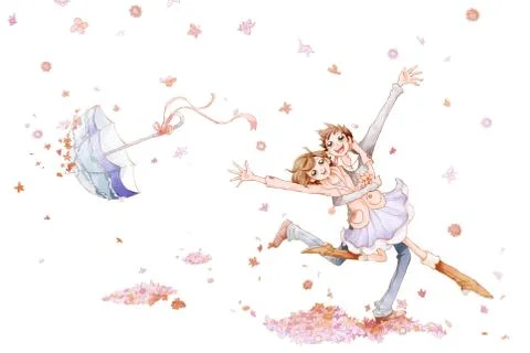 Romantic young couple dancing in the flower rain Ilustração Stock