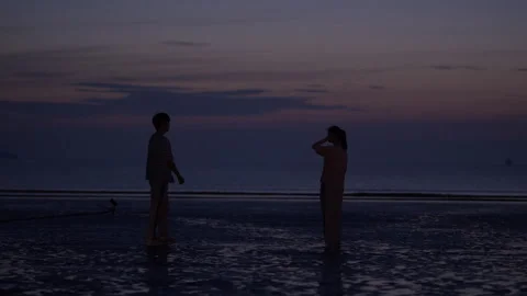 Romantic young couple talking on the beach at twilight Stock-Footage 333803863