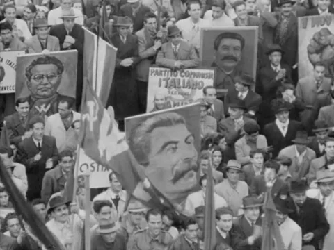Rome - 1944: High-angle shots of crowd with signs during communist rally Stock Footage 219451660
