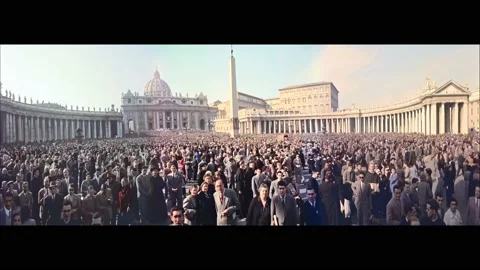 ROME - 1956 - Huge crowds begin to depart from the courtyard of St. Peter's 스톡 동영상 327857482