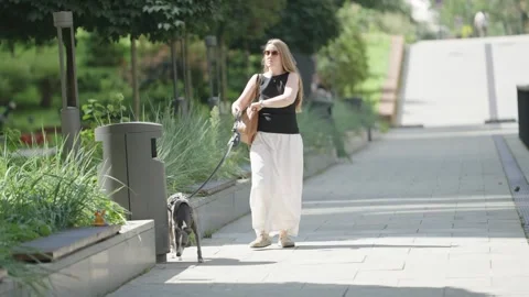 Rome, 2 August 2022: Stylish woman with exotic dog on leash walking Stock Footage 320890113