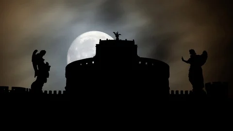 Rome: Castel Sant'Angelo or Castle of the Holy Angel by Night with Full Moon Stock Footage 102644717