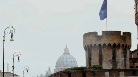 Rome Castle, Saint Peter Dome, flag, rainy day - Timelapse Stock Footage 86757763