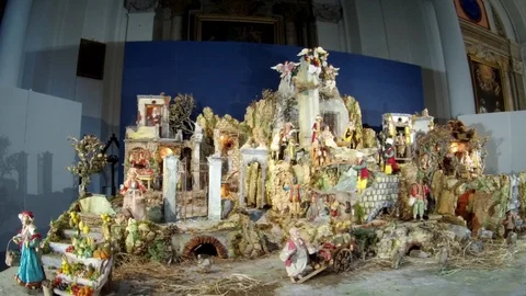 Rome - Christmas nativity scene installed in an ancient basilica Stock Footage 89765440