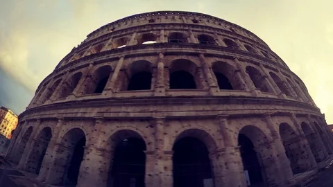 Rome, Colosseum orbital external view at sunset colored, 360 effect Stock Footage 106432690