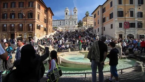 Rome: Crowd of tourists in Piazza di Spagna and the Spanish Steps, Italy Stock Footage 83501552
