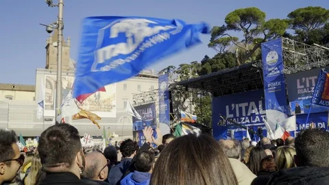 Rome: December 8 2018: "italians first" flag waving during Salvini's speech. Stock Footage
