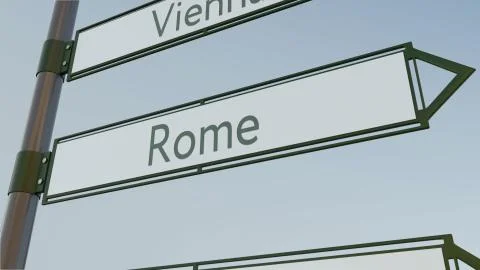 Rome direction sign on road signpost with European cities captions. Conceptual Stock Illustration