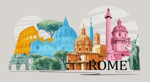 Rome famous landmarks collage. The modern art design from best views of Rome Ilustración de archivo