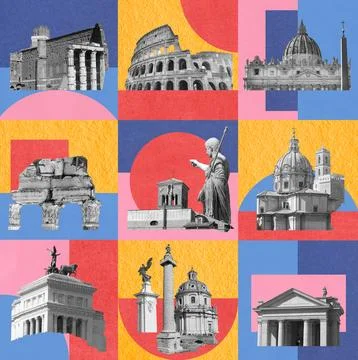 Rome famous landmarks collage. The modern art design from best views of Rome Ilustración de archivo