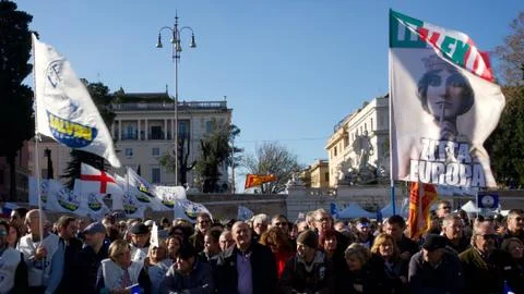 Rome, Italy. 8th December 2018: Anti EU sign during Matteo Salvini's speech Stock Photos