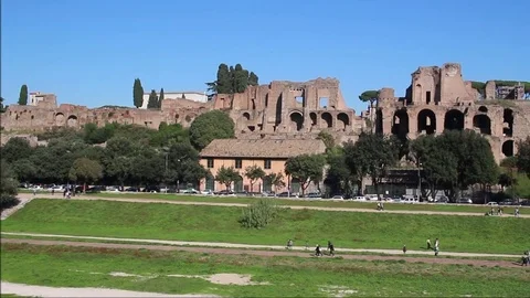 Rome, Italy, Circo Massimo and ruins of Roman Forum on Palatine hill Stock Footage 79304885