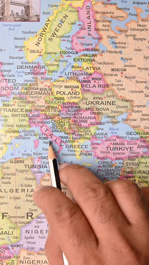 Rome Italy highlighted on world map with pencil pointing to European location Stock Footage 329341774