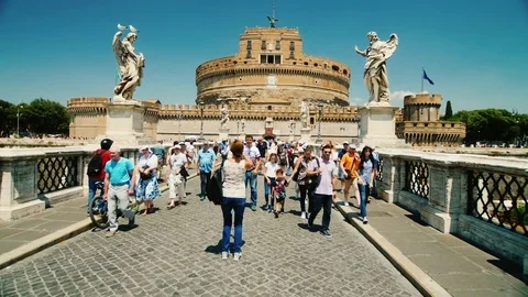 Rome, Italy - June, 2017: A crowd of tourists is walking around the famous Stock Footage