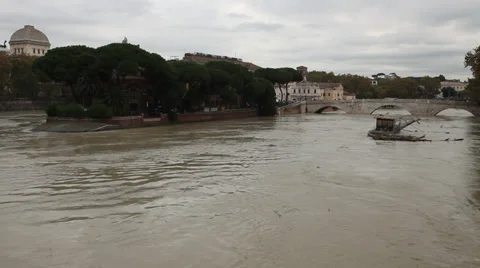 Rome, Italy, panoramic view of Tiber river and Isola Tiberina Stock Footage 34497745