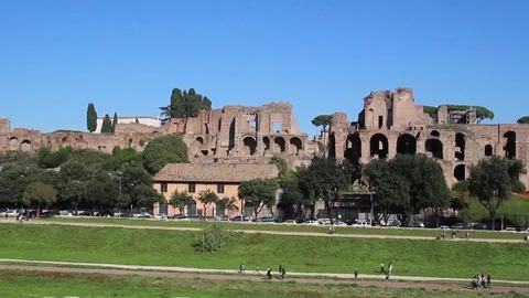 Rome, Italy, a view of Circo Massimo and ruins of Roman Forum on Palatine hill Stock Footage 70230928