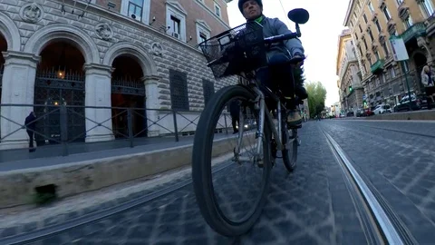 Rome, a man rides a bicycle in the ancient center, 360 effect Stock Footage 106432969