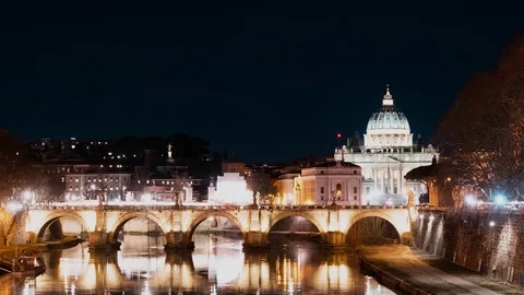 Rome at night. Evening Vatican. View of the Tiber River and the Cathedral of St Stock Footage 103702045