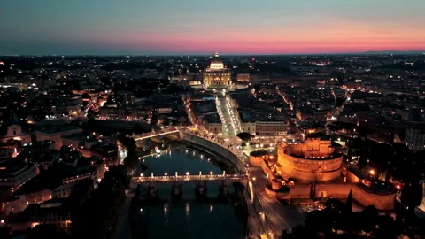Rome Night Skyline Axis from Castel Sant'Angelo to St. Peter's Basilica Stock Footage 340908488