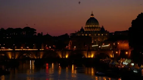 Rome by night view of St. Peter dome Tiber river and St. Angel bridge Stock Footage 76774400