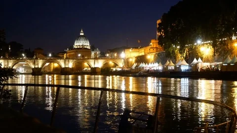 Rome by night view of St. Peter dome from Tiber river Stock-Footage 76842321