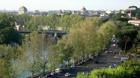 Rome panoramic view at sunset over the domes roofs and ancient buildings Stock Footage 88892900