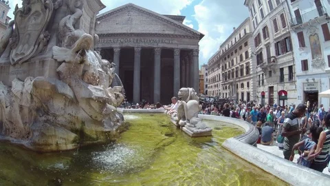 Rome - Pantheon Square with his baroque fountain full of tourist Stock Footage 89765857