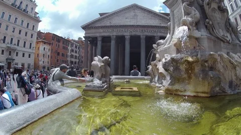 Rome - Pantheon Square with his baroque fountain full of tourist Stock Footage 89766997