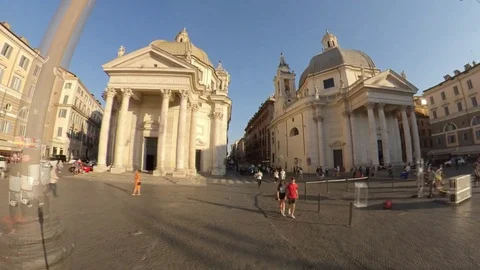 Rome, From Piazza del Popolo to Via del Corso by bike at sunset, people walking Stock Footage 112876376