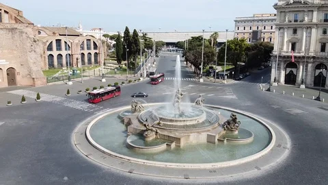 Rome, Repubblica Square and Termini Station - Drone, Aerial View - Fountain Stock Footage 129251359