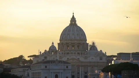 Rome Saint Peter Basilica at sunset with seagulls - realtime hd footage Stock Footage 82275257
