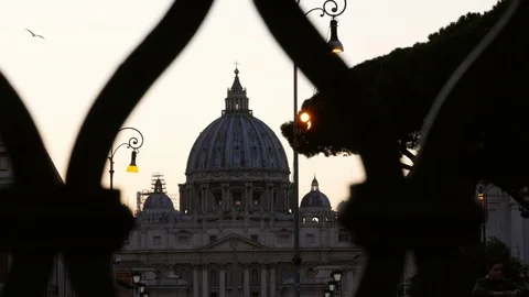 Rome Saint Peter Dome seen through the balustrade of the Bridge at twilight Stock Footage 103628563