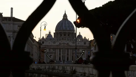 Rome Saint Peter Dome seen through the balustrade of the Bridge at twilight Video stock 103629987