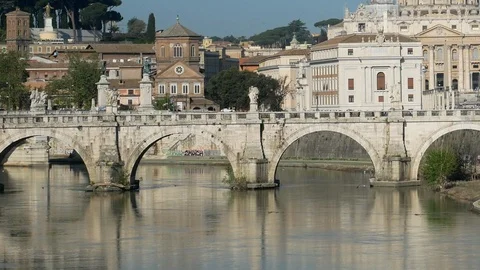 Rome Saint Peter Dome view from far with river and bridge Stock Footage 88816095