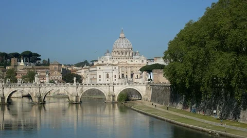 Rome Saint Peter Dome view from far with river and bridge Stock Footage 88816350