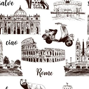 Rome sightseeing seamless pattern set Stock Illustration