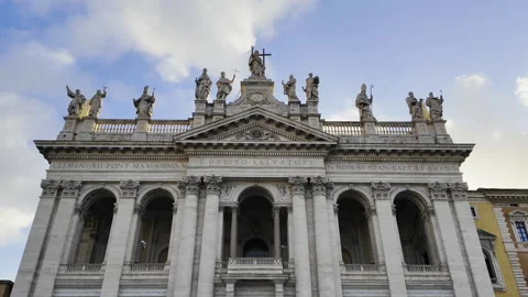 Rome: St. John Lateran Basilica Monumental Facade and Blue Sky Stock Footage 334817527