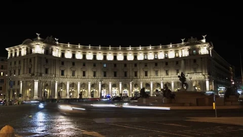 Rome Time Lapse Light Trails Piazza Venezia Fountain of the Naiads Italy, Night Stock Footage 343917150