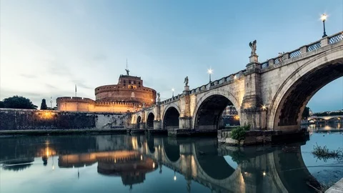 Rome timelapse sunset. Day to night cityscape Santangelo Castle landscape Stock Footage 77955249