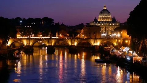 Rome twilight view of St. Peter dome, Tiber river and St. Angel bridge 스톡 동영상 76856120