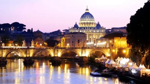 Rome twilight view of St. Peter dome, Tiber river and St. Angel bridge Stock Footage 77154788